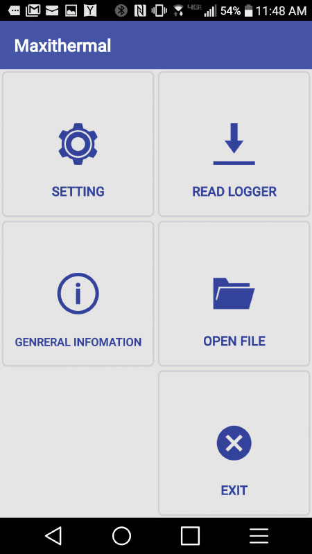 MaxiThermal NFC phone app - Main Screen